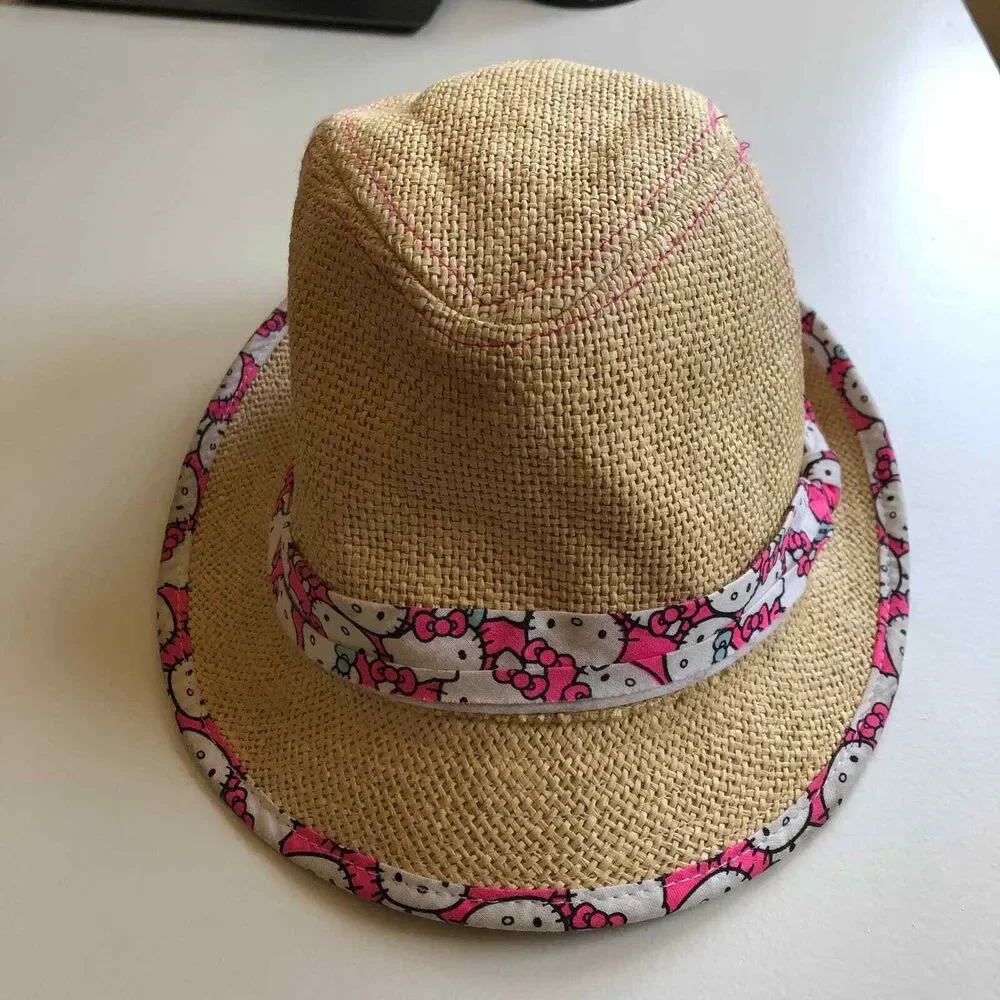 Hello Kitty Straw Hat Fedora Hat Pink Trim Size Medium / Large